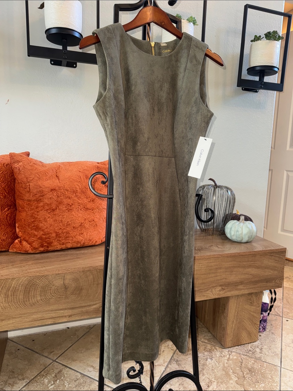 Calvin Klein Olive Green Suede-Like Sheath Dress-NWT